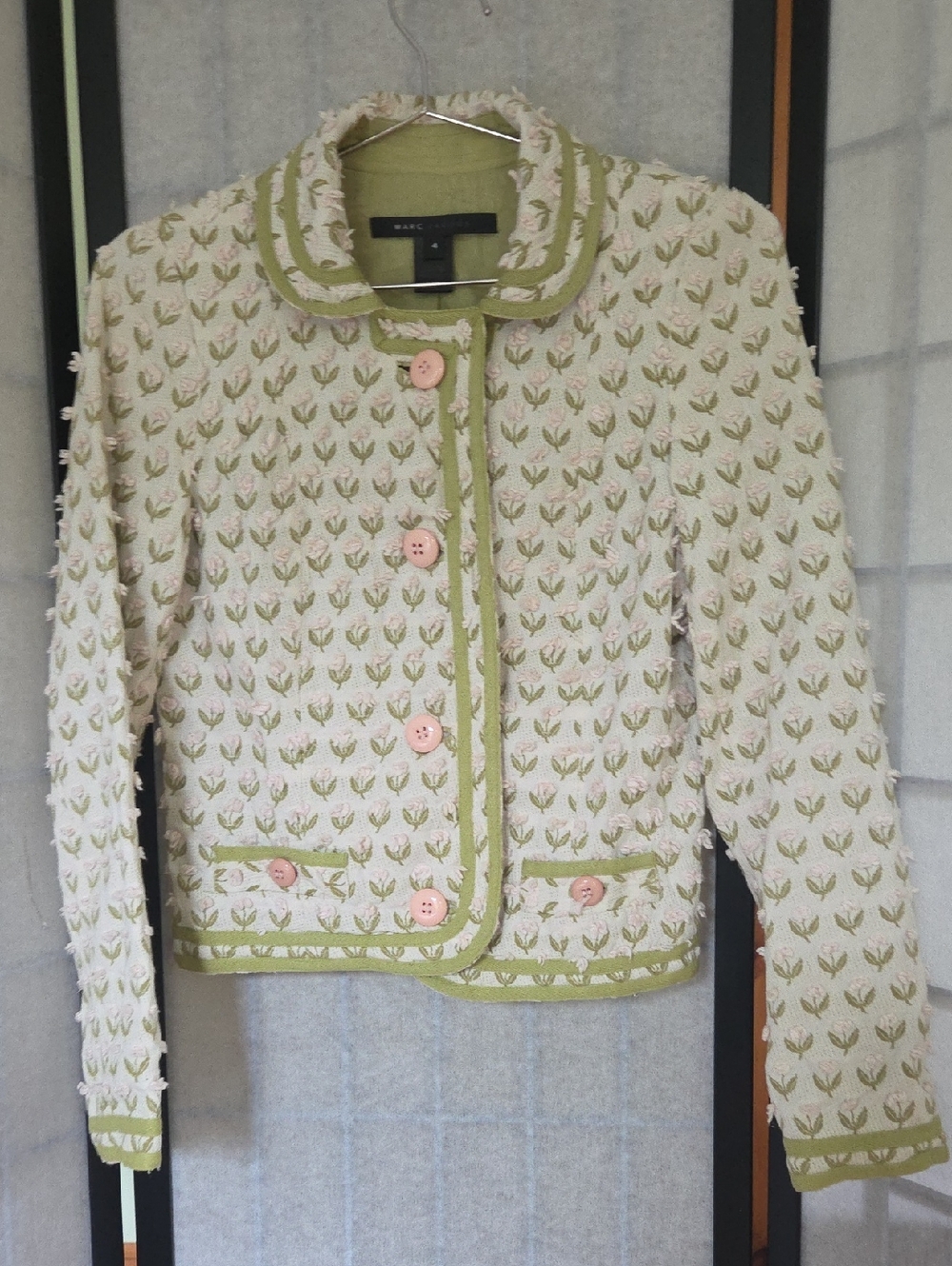 Marc Jacobs Cream Tweed Jacket with Olive Trim and Pink Buttons